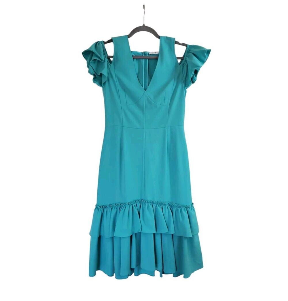 Tome NYC Ariel Turquoise Sea Green Ruffled Stretch Midi Dress, Size 2